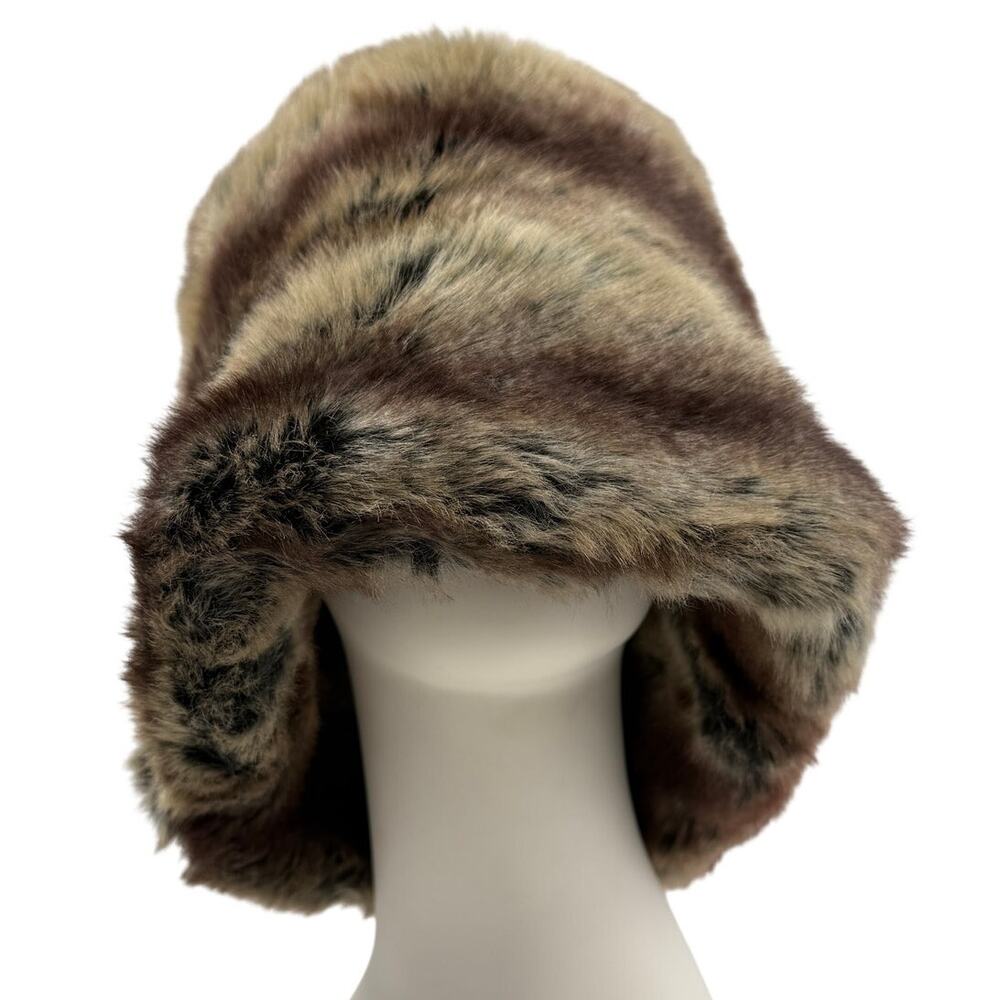 Vintage Brown Faux Fur Plush Bucket Hat Satin Lined Cozy Retro Glam